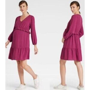 Ingrid & Isabel Maternity Pink Long Sleeve Dress Small V-Neck Ruffles Lyocell